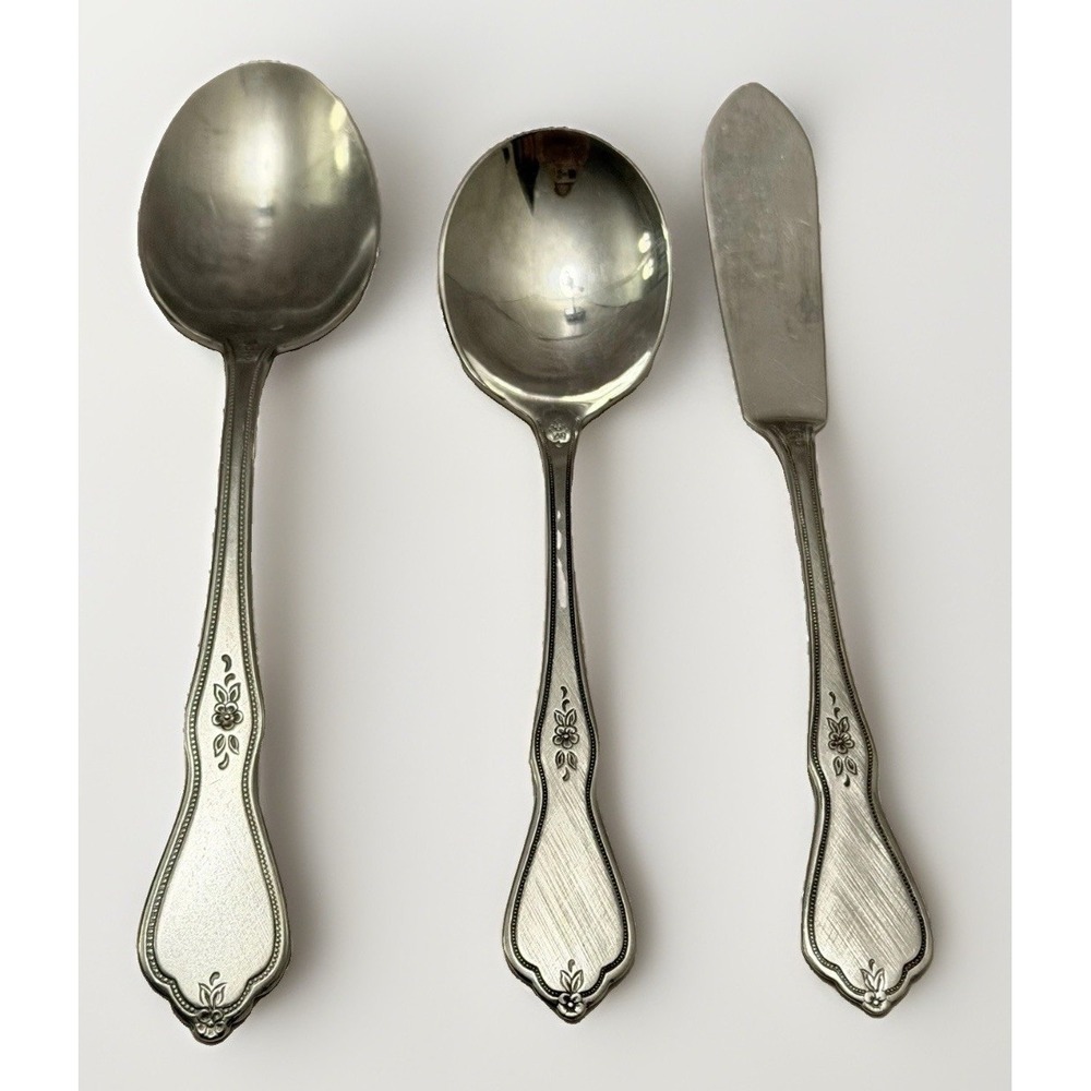 Oneida MORNING BLOSSOM Stainless Silverware Lot Butter Knife Soup Spoon 3PC VTG